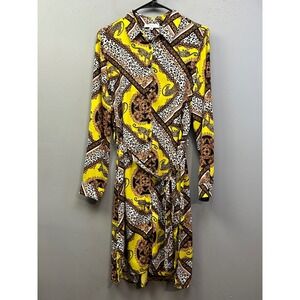 OVI Shirt Dress Women Large Yellow Leopard Black Cheetah Scarf Print Baroque